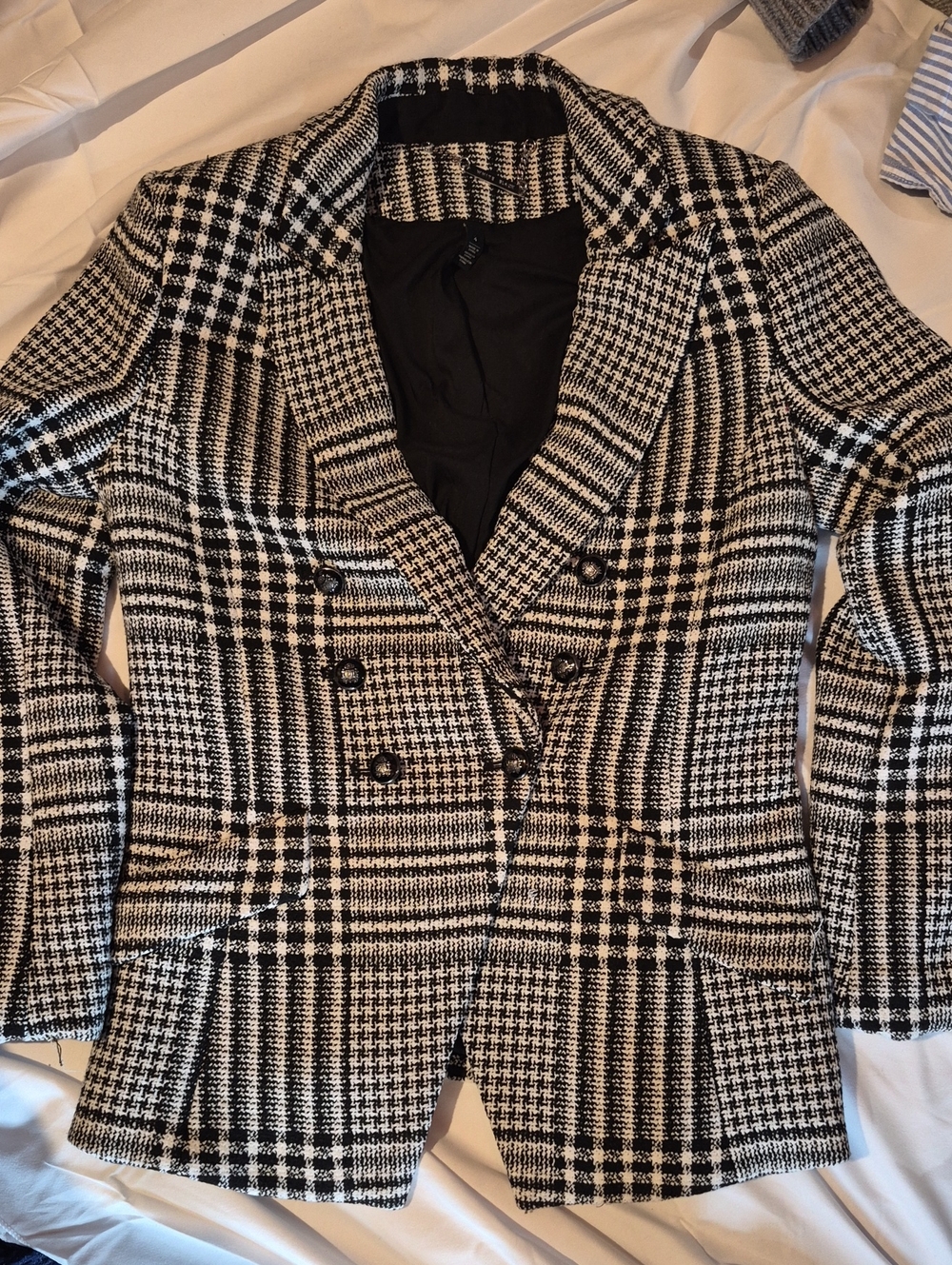 White House Black Market Black and White Plaid Double-Breasted Blazer